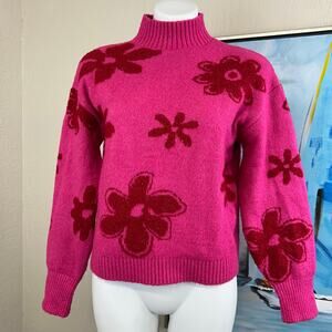 Major Label Group Sweater mock neck Bright pink bold floral design size S NWOT